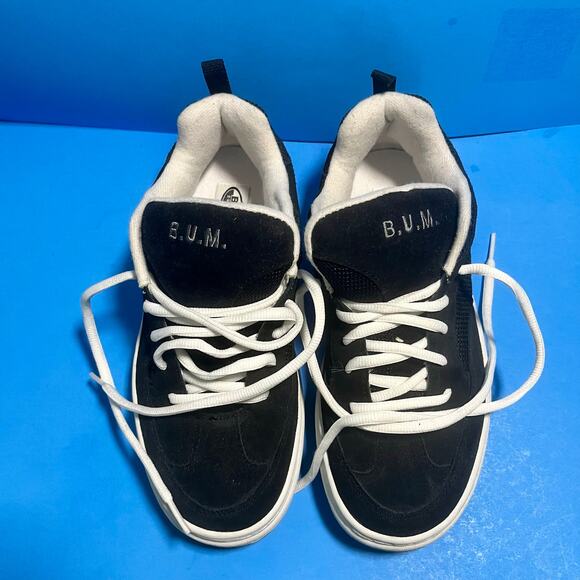Y2K B.U.M. Equipment Sneakers Men’s Sz 5.5 Black White Leather Retro Skate Shoes - Picture 1 of 8